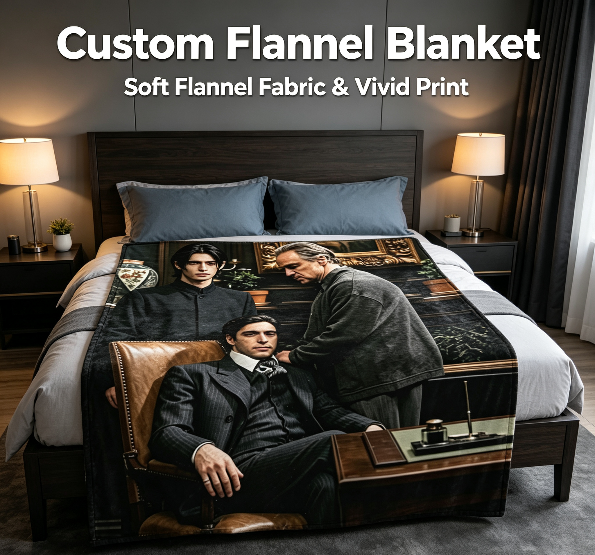 Custom Face Blanket Featuring Elegant Men in Classic Study Scene Flannel Blanket for Cozy Living Room or Office Gift Idea