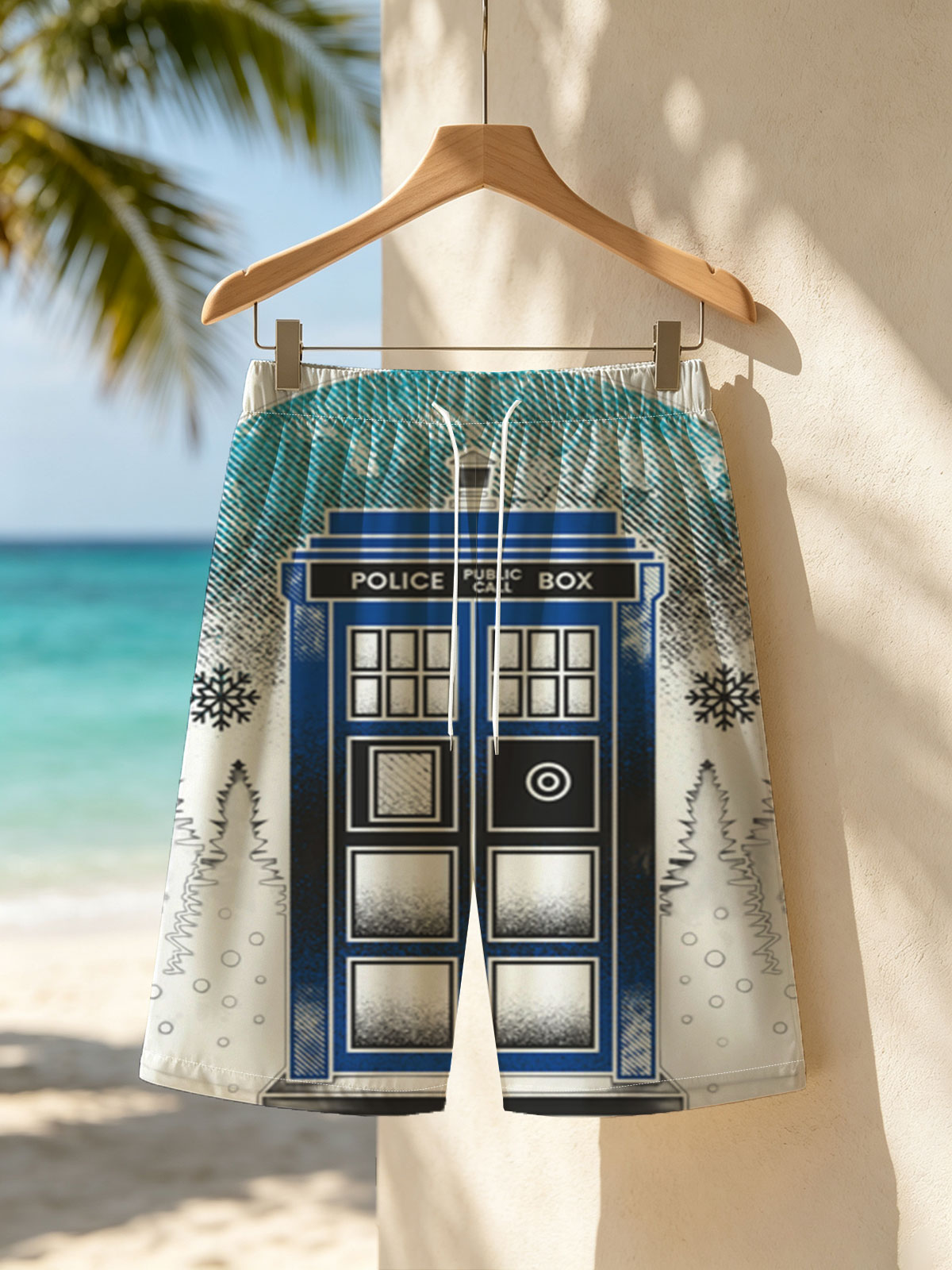 TARDIS in Winter Wonderland: Police Box Amid Snowy Pines -  Beach shorts