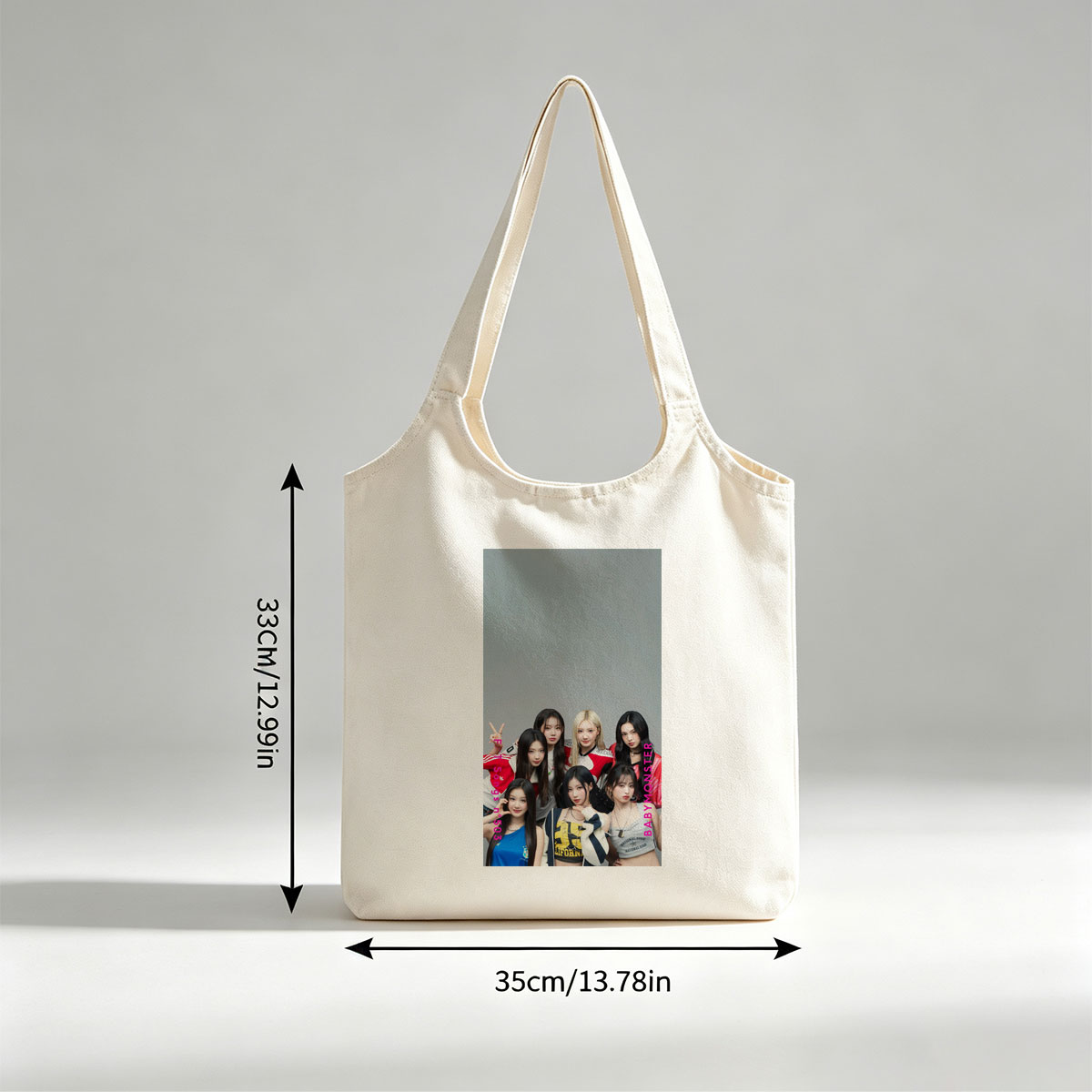 BABYMONSTER Group Photo - Seven Members Posing in Casual Outfits with Playful Expressions and Hand Gestures - Canvas shoulder bags/