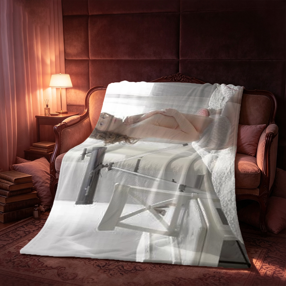 A woman in black lingerie and stockings sitting on a bed. - Blanket