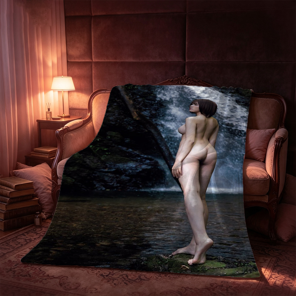 Two Women in Blue and Purple Lace Lingerie Embracing and Kissing - Blanket