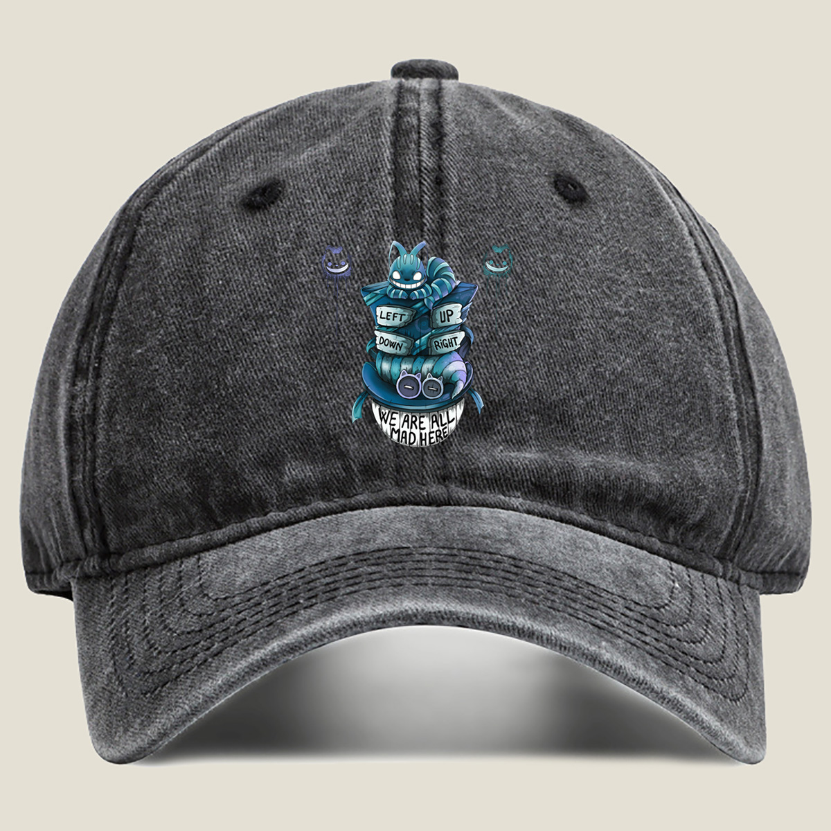 Cheshire Cat and Game Controller: We Are All Mad Here - Washed Denim - Baseball Cap