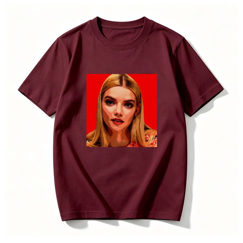 Anya Taylor-Joy in a stylized portrait with bold red background - Tee