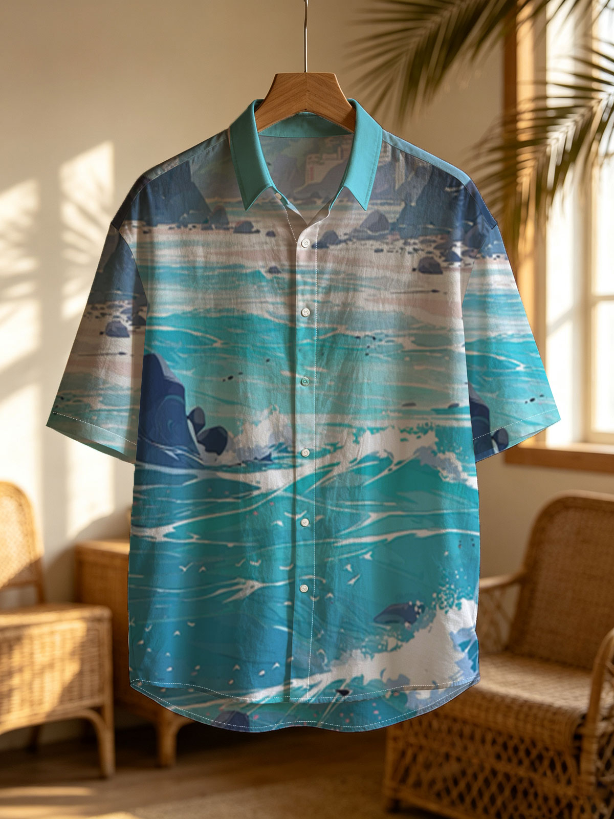 Turquoise waves crash on a rocky beach with distant city skyline and lush green hills under a bright sky. -  Shirt