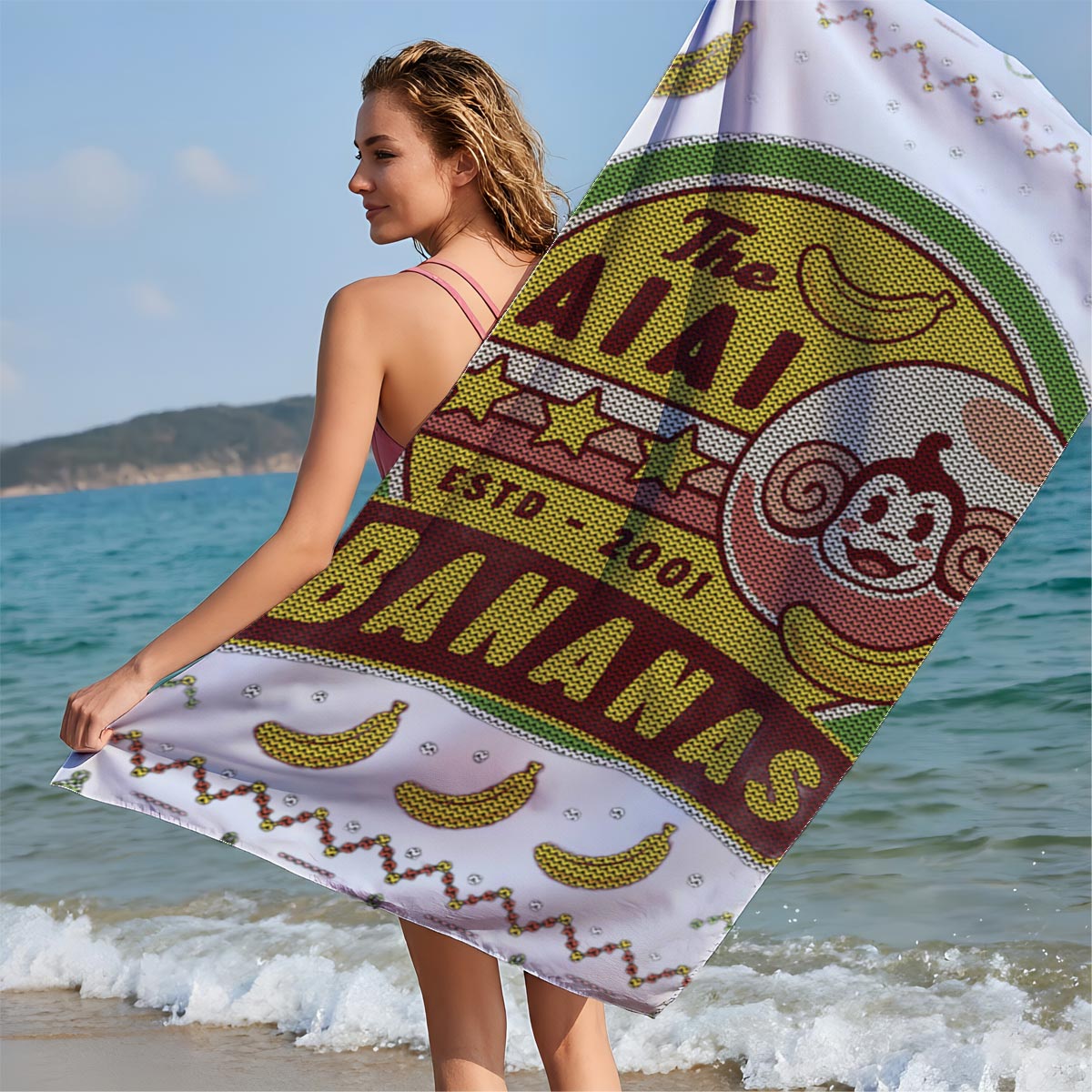 The AIAI Bananas - Est. 2001, Monkey Logo with Bananas and Festive Pattern - Beach towels