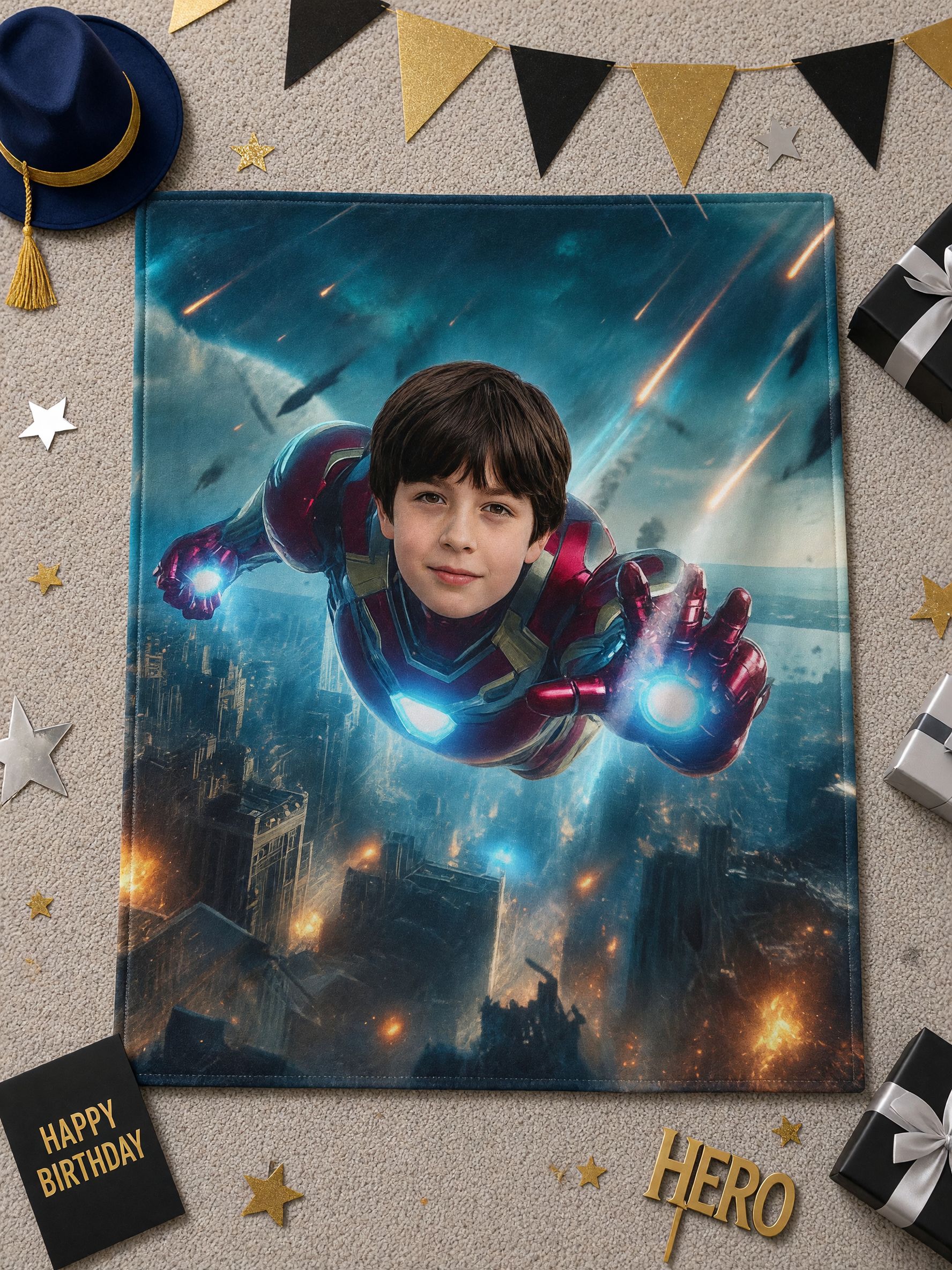 Custom Photo Superhero Flannel Fleece Blanket, Personalized Flying Hero Face Portrait Throw, Ideal Cozy Keepsake Gift