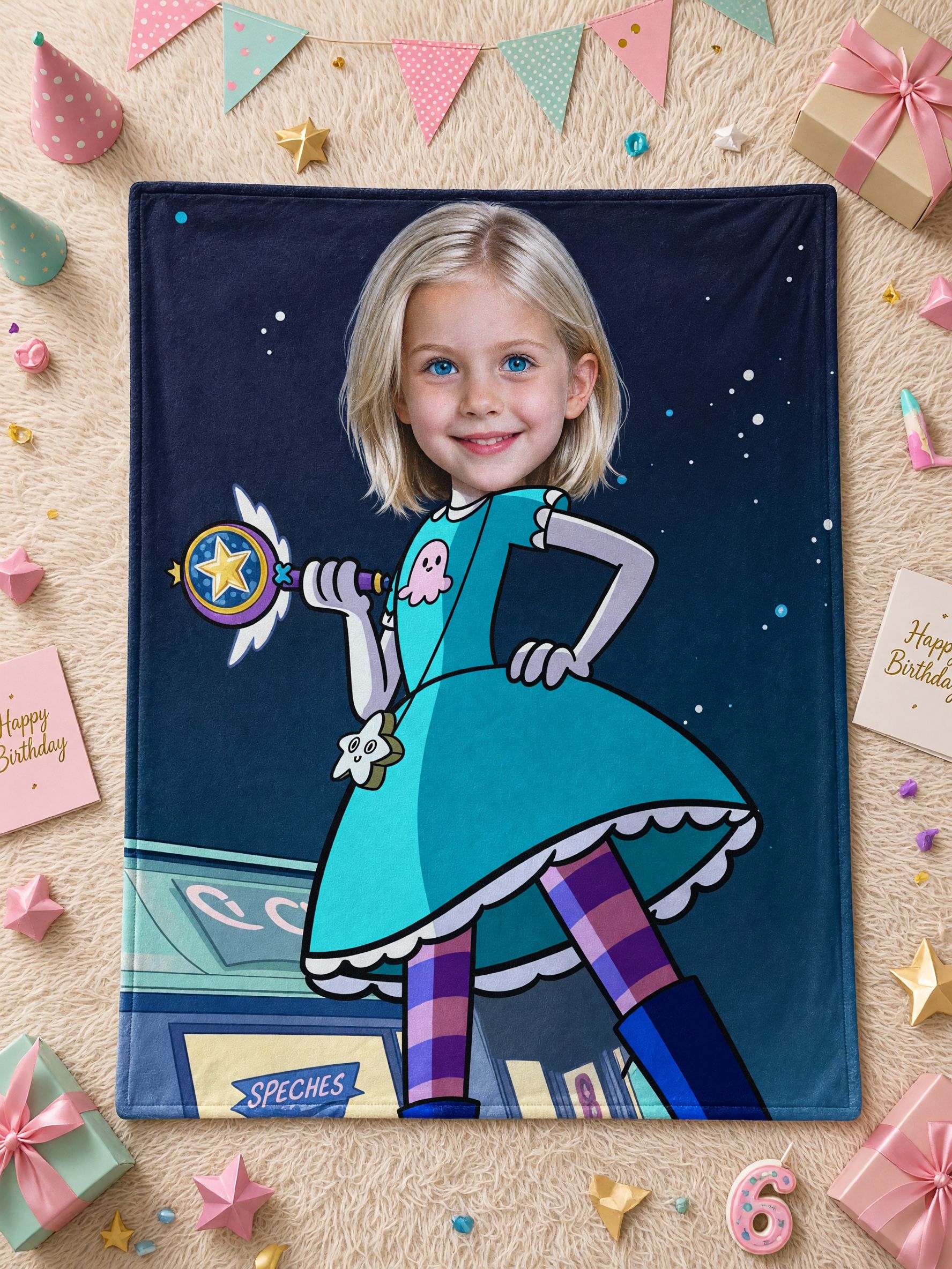 Custom Face Blanket Personalized Magical Girl Cartoon Photo Flannel Throw Soft Warm Keepsake Gift for Kids and Teens