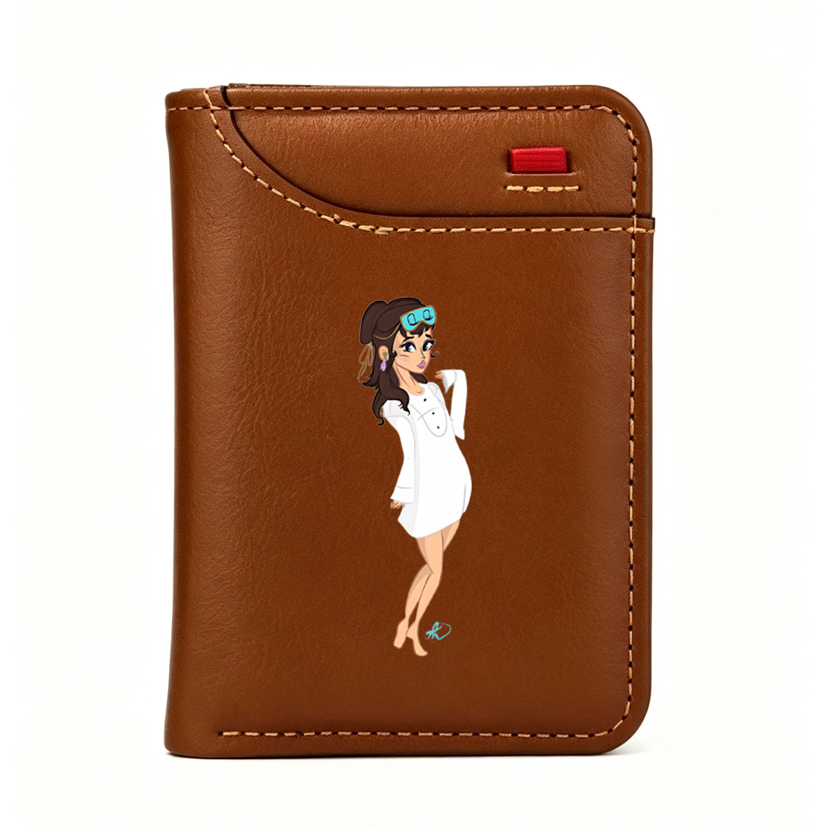 Cartoon Woman in White Dress with Goggles and Purple Earrings - Vertical Style Wallet