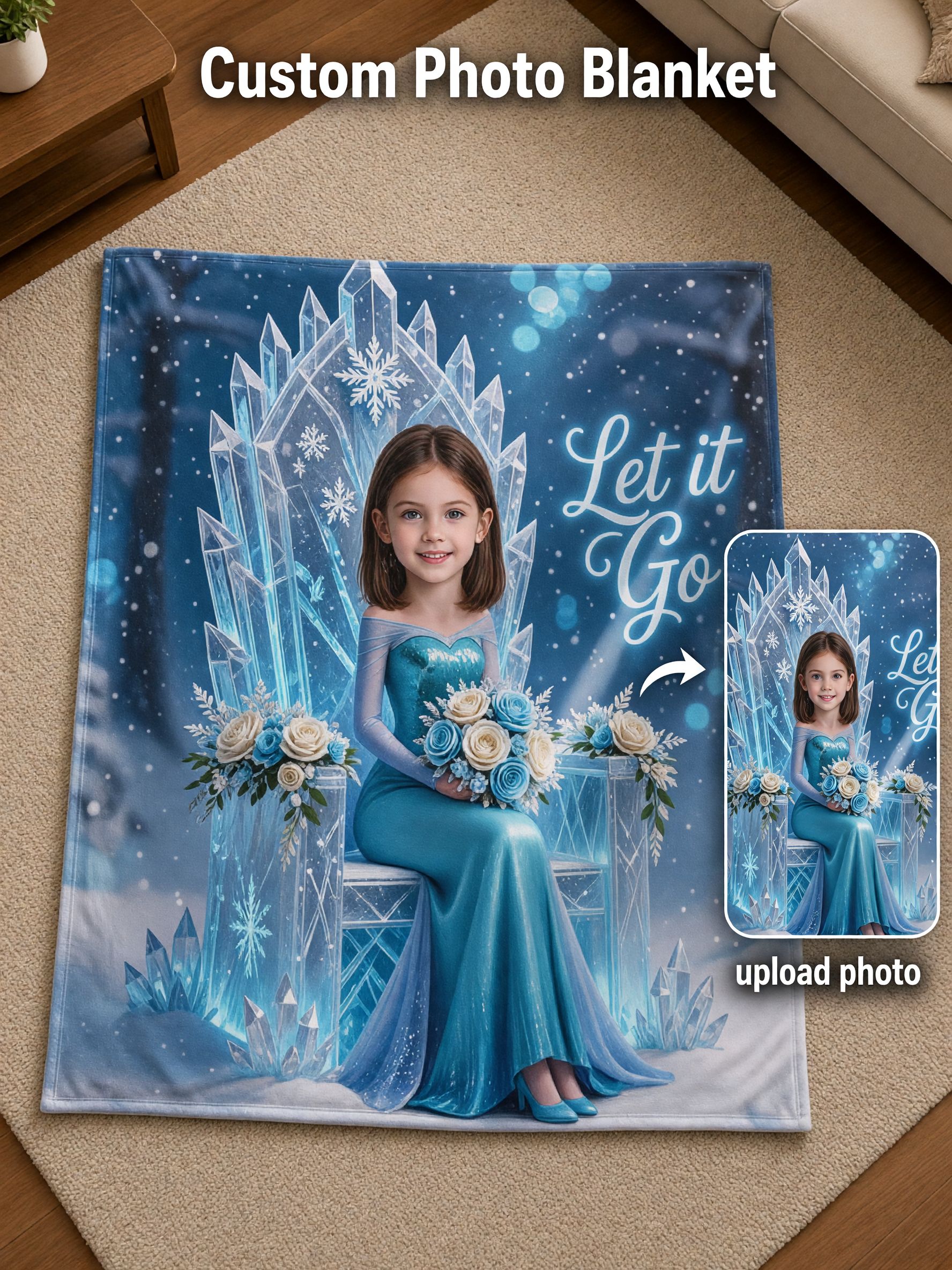Custom Face Ice Princess Fleece Blanket, Personalized Photo Winter Throne Throw, Ideal Cozy Gift for Bed and Couch