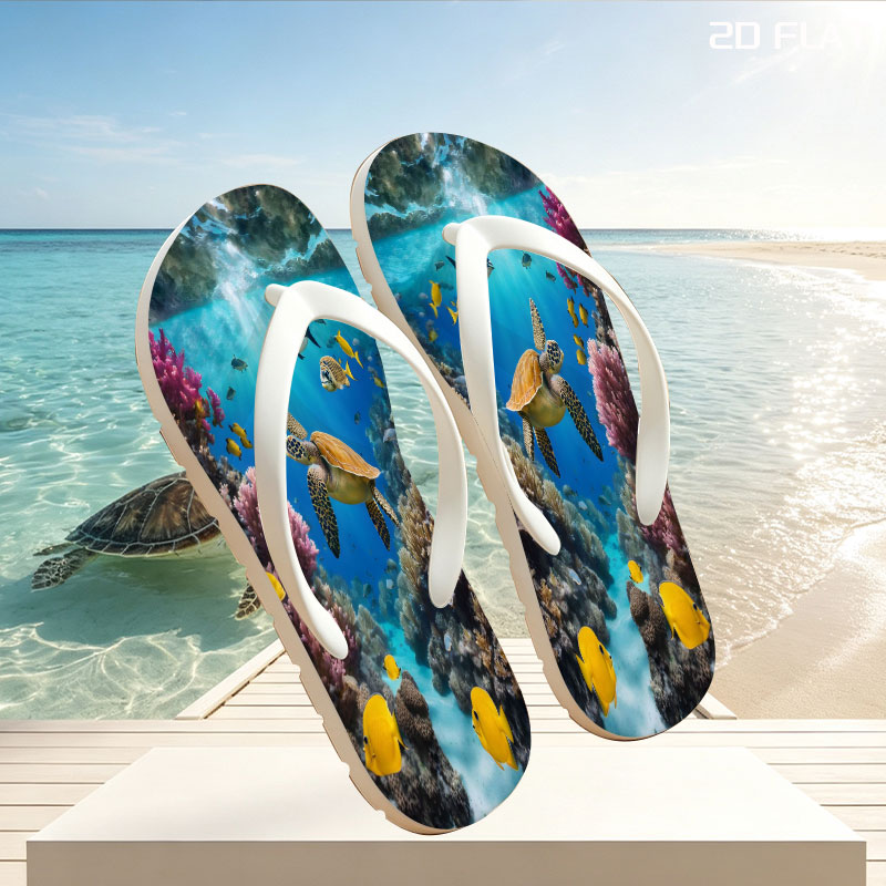 Colorful Coral Reef with Sea Turtle and Fish -  flip-flops