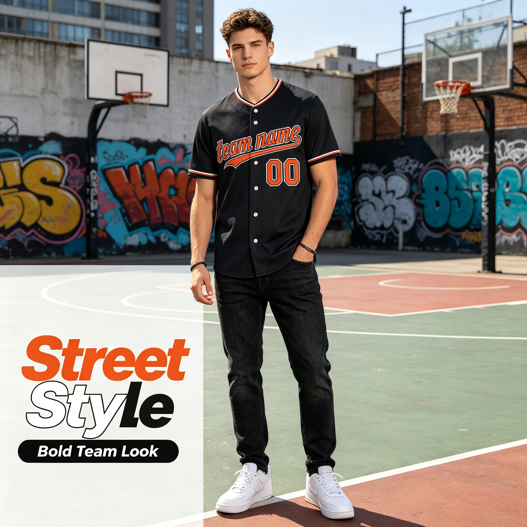 Custom Printed Detroit Script Style Baseball Jersey Anthracite Charcoal Orange Trim Button Down Shirt for Men and Women