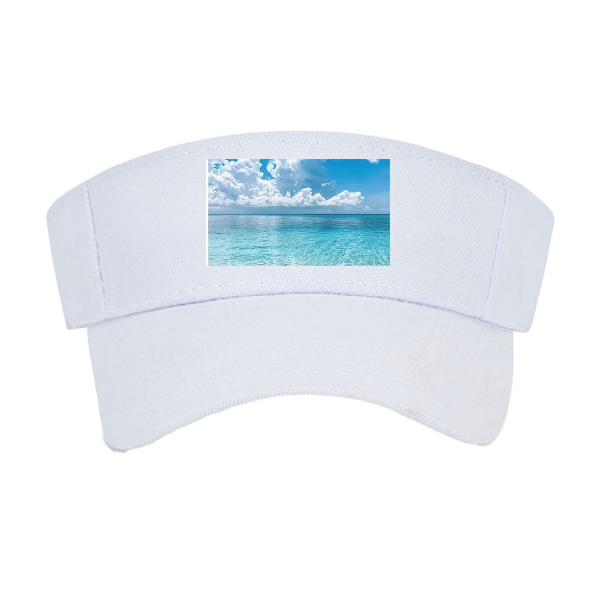 Crystal clear turquoise waters meet soft sandy beach under a vibrant blue sky with fluffy white clouds. -  Visor cap