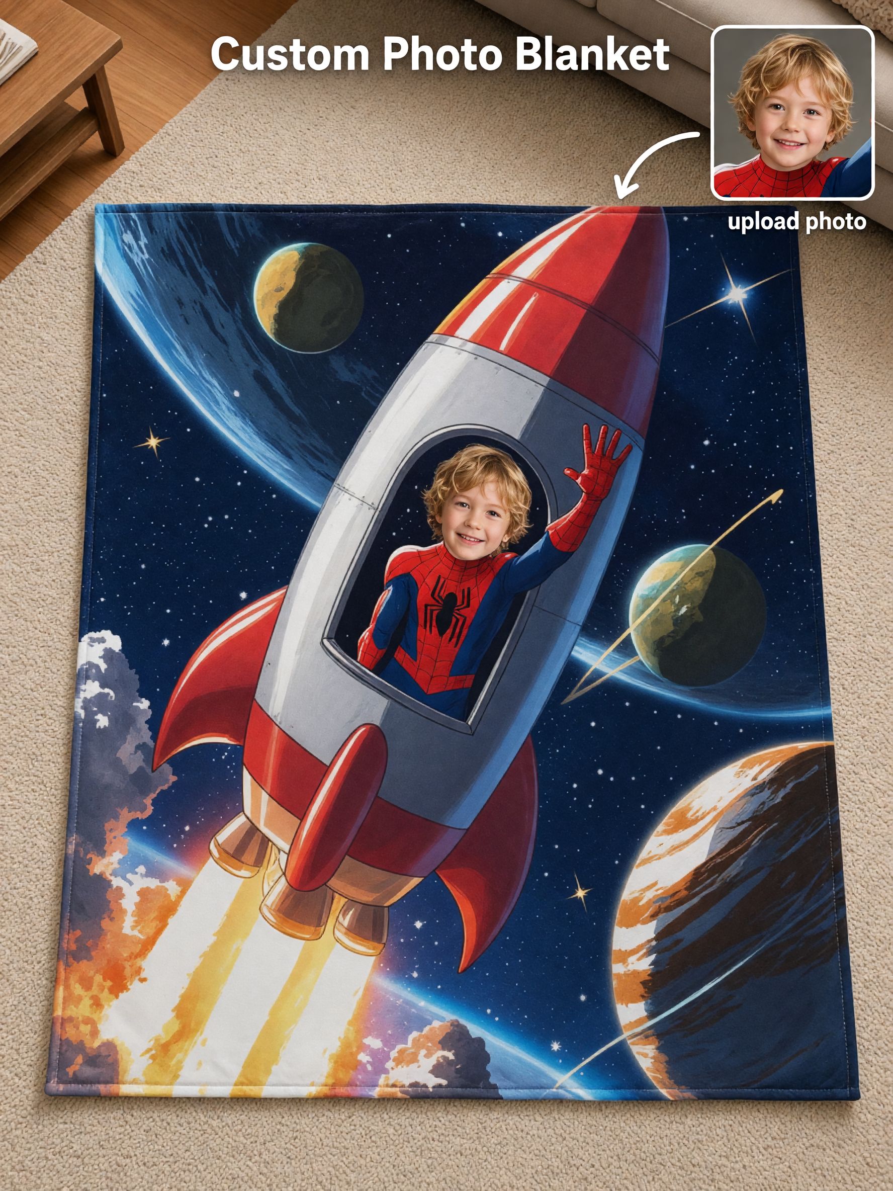 Custom Face Astronaut Rocket Blanket, Personalized Photo Plush Flannel Throw for Kids, Cozy Galaxy Bedding Gift