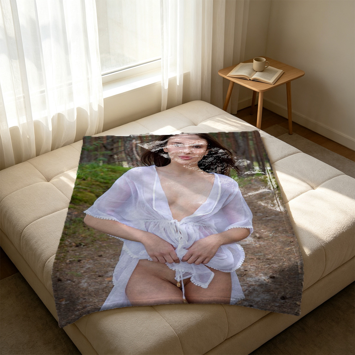Nude Asian Woman in Sheer Pantyhose with White Rope Bondage on Bed - Blanket