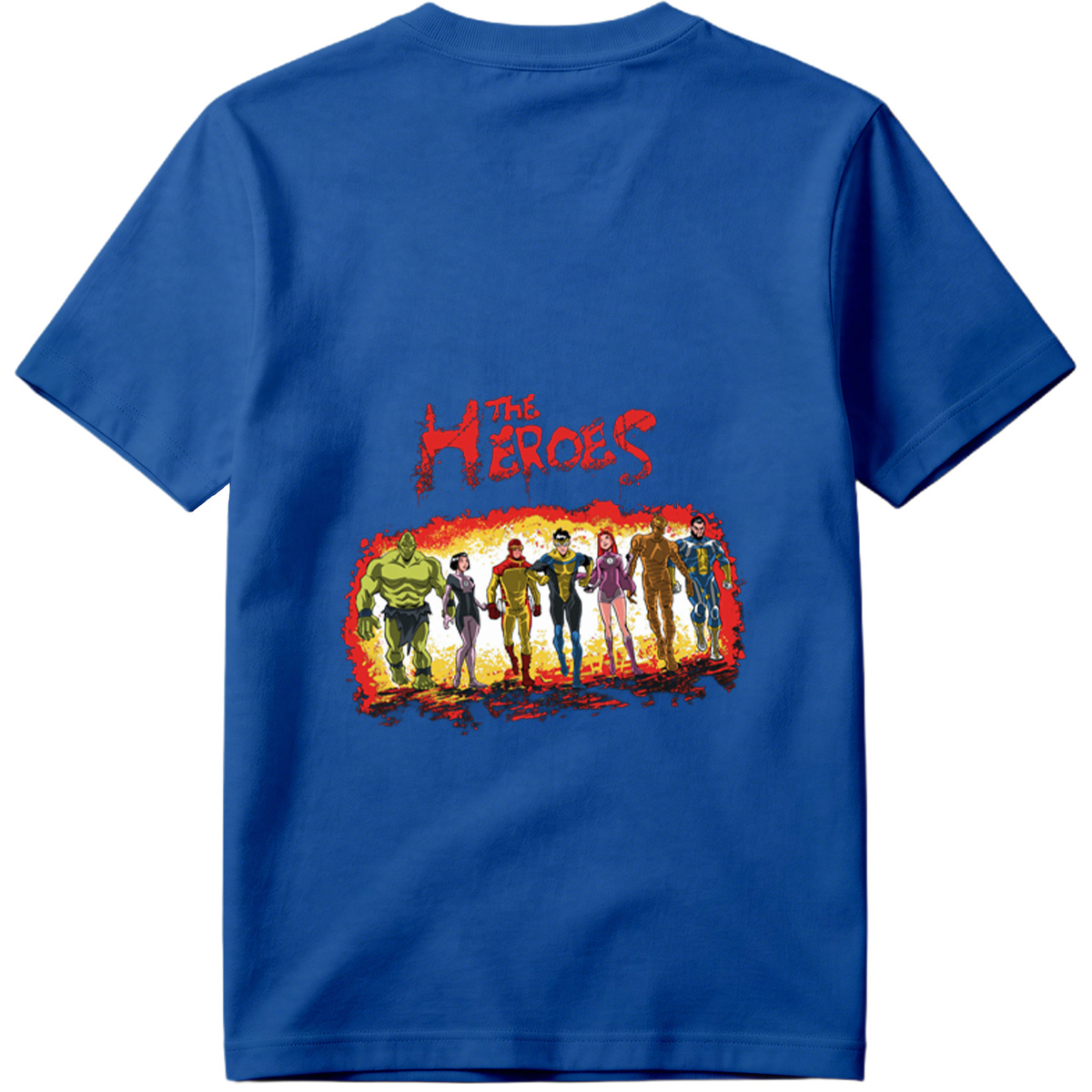 The Heroes: Green Hulk, Black Widow, Red Ranger, Blue Avenger, Pink Warrior, Golden Titan, and Blue Sentinel - Tee