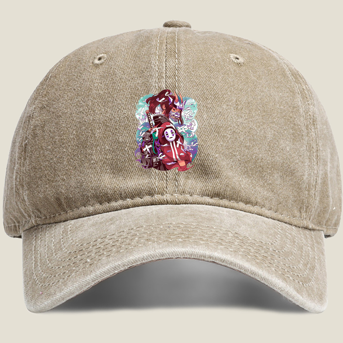 Samurai Warrior with Mask and Katana - Washed Denim - Baseball Cap