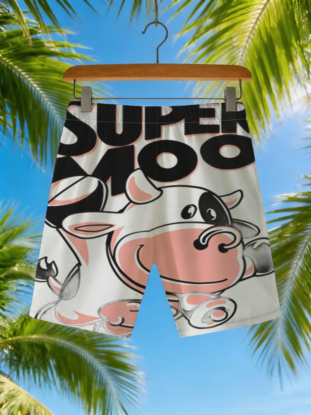 Super Moo: Cartoon Cow Character Design -  Beach shorts
