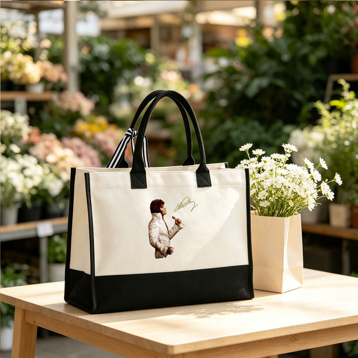 Elvis Presley in White Jumpsuit Holding Microphone - Canvas patchwork gift tote bag