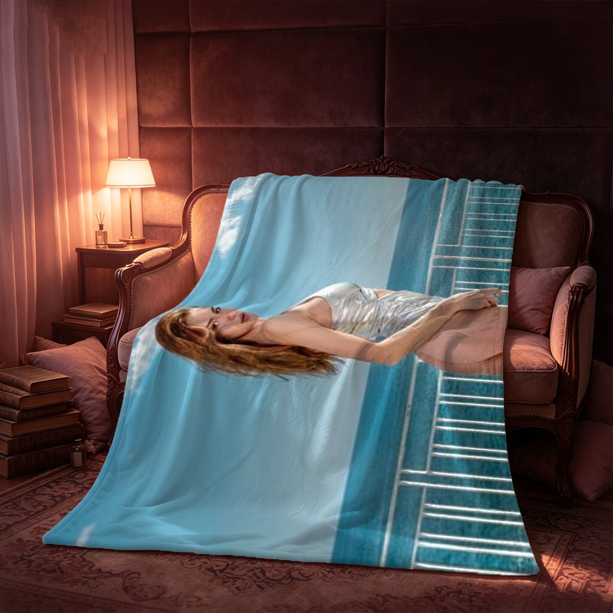 Japanese Beauty in Lilac Lingerie on Bed - Blanket