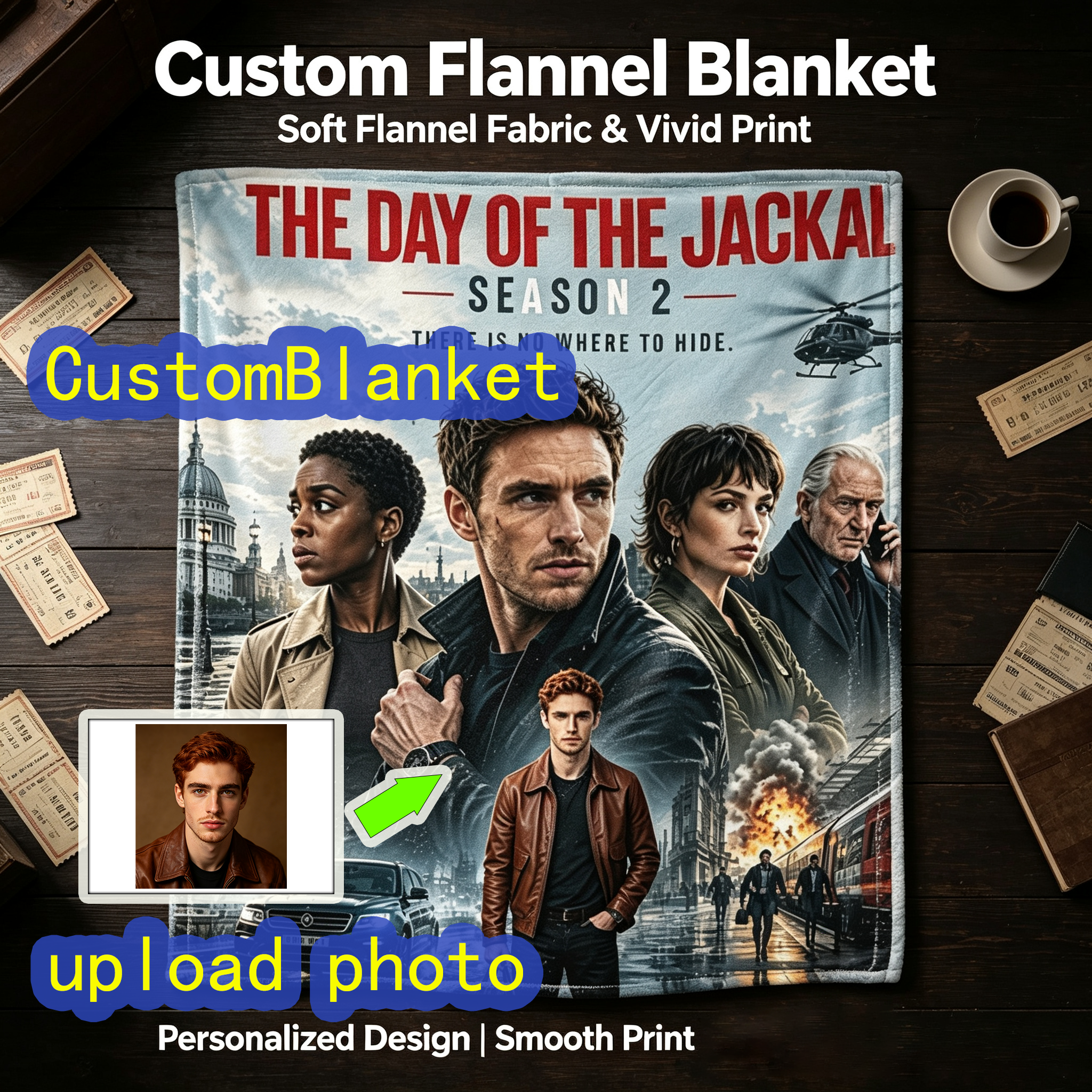 Custom Face Blanket The Day of the Jackal Season 2 Flannel Blanket Perfect for Fans of Eddie Redmayne and Lashana Lynch Ideal for Couch Watching or as a Unique Gift or Giveaway
