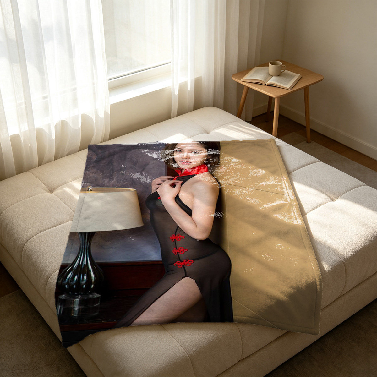 Zoe Saldana smiling topless on patterned rug - Blanket