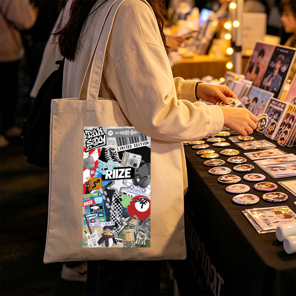 RIIZE Music Collage Featuring Band Merch, Camera, Sneakers, and Pop Culture Elements - Canvas tote bags