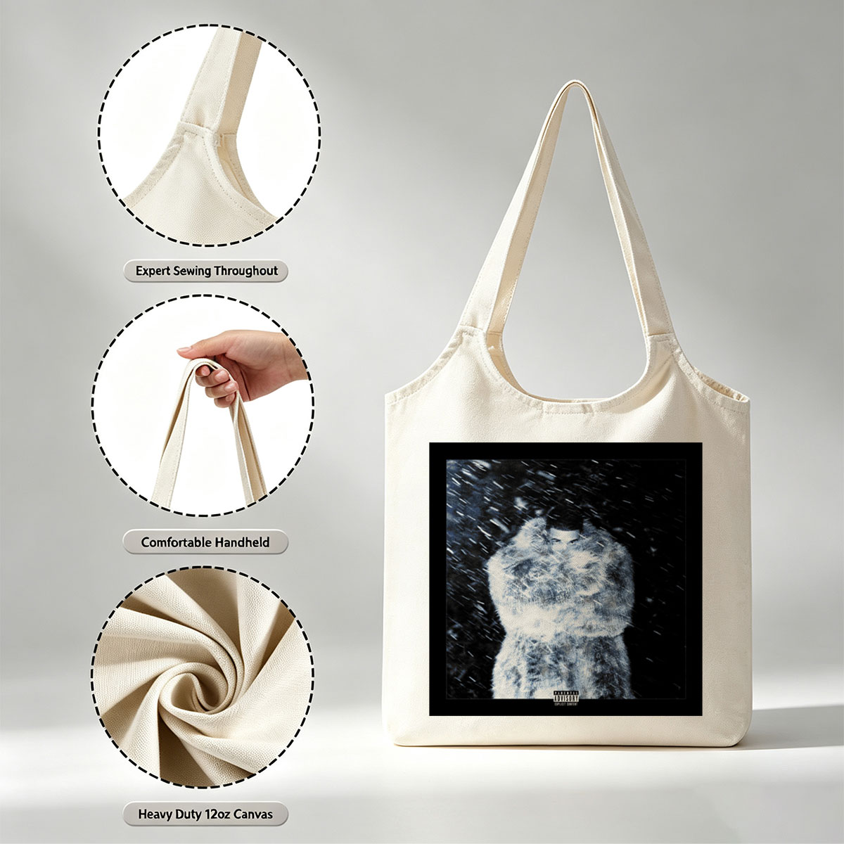 The Weeknd in Snowstorm - Artist Wrapped in Fur Coat Amid Heavy Snowfall - Canvas shoulder bags/