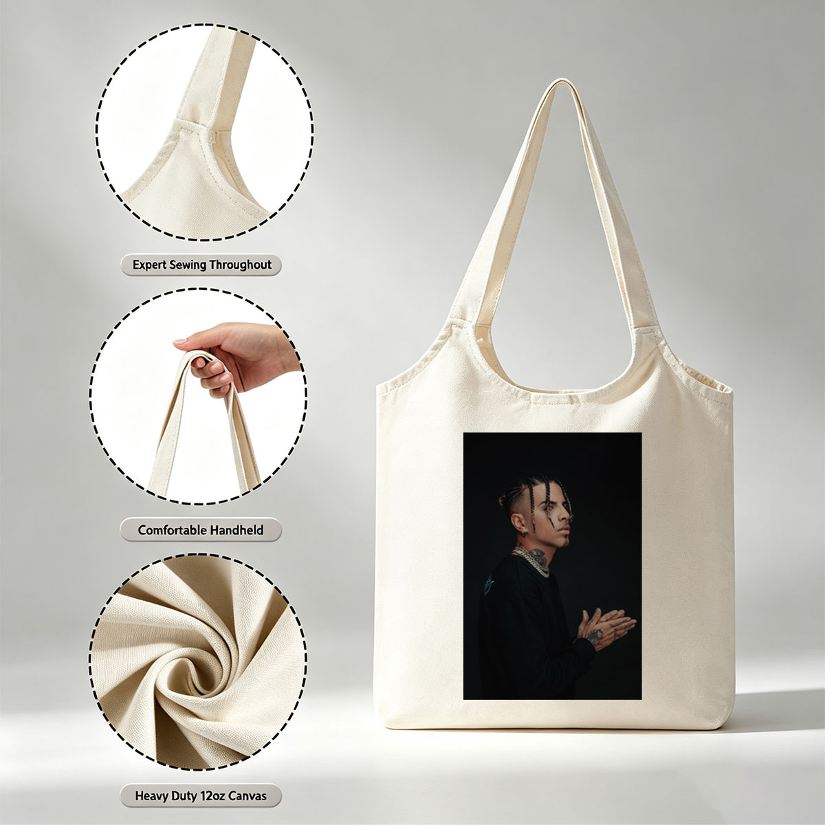 Daddy Yankee in a striking pose with braided hair and tattoos, wearing a black outfit and gold chain against a dark background. - Canvas shoulder bags/
