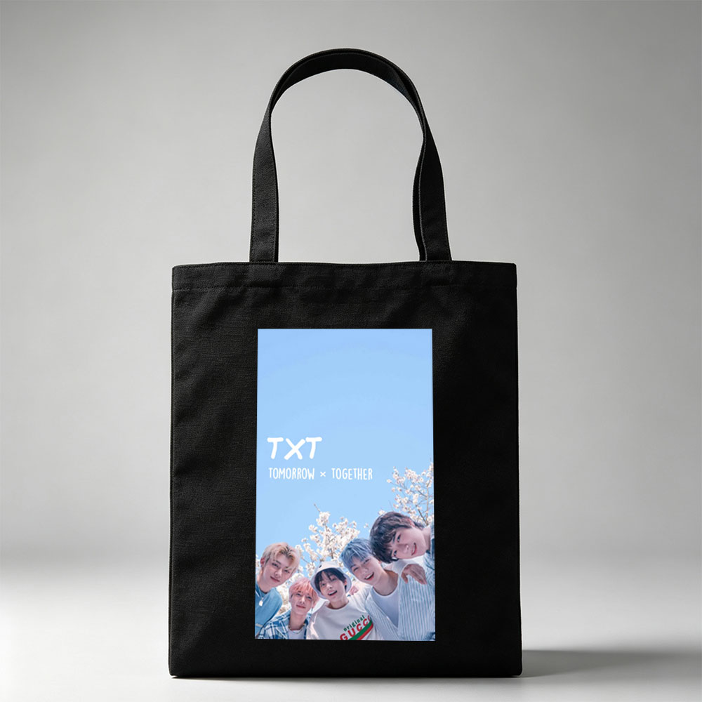TXT Tomorrow x Together Members in a Spring Cherry Blossom Scene Under a Clear Blue Sky - Canvas tote bags