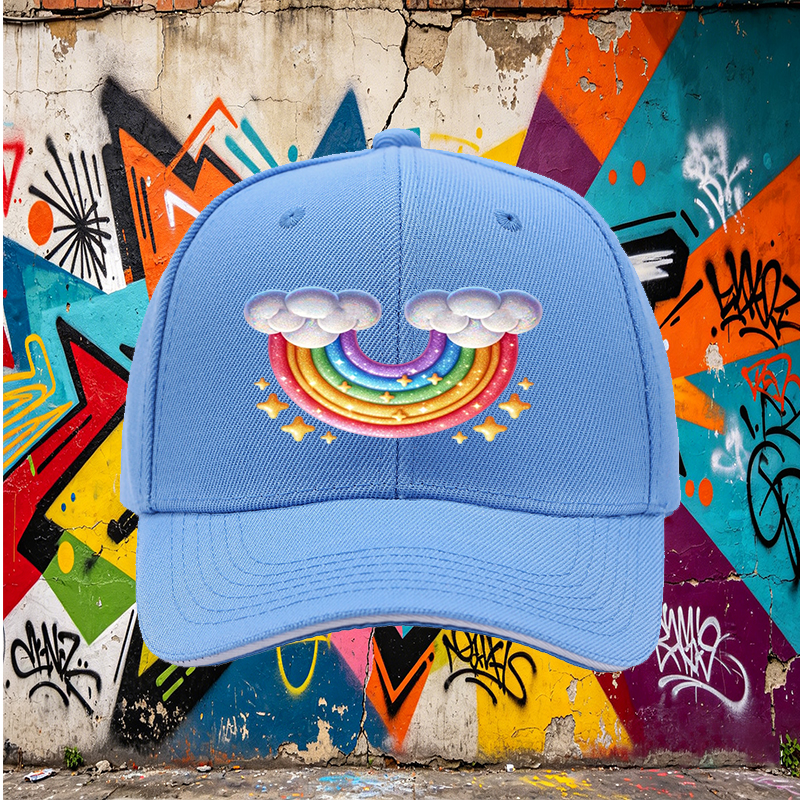 Unisex Classic Sandwich Hat with Rainbow and Cloud Print - Perfect for Outdoor Activities, Festivals, and Casual Wear - Ideal for Adults and Teens Seeking Fun, Colorful Headwear