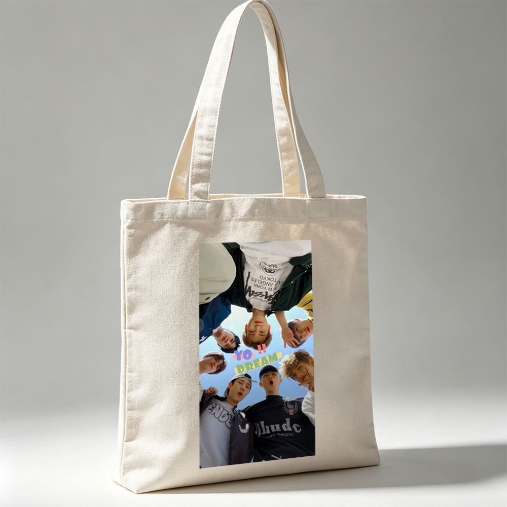 YOASOBI Dream Team Members in a Circular Pose Under Blue Sky - Canvas tote bags