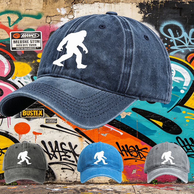 Unisex Classic Washed Cap with Bigfoot Silhouette Print - Casual Outdoor Hat for Hiking, Camping, and Adventure Enthusiasts