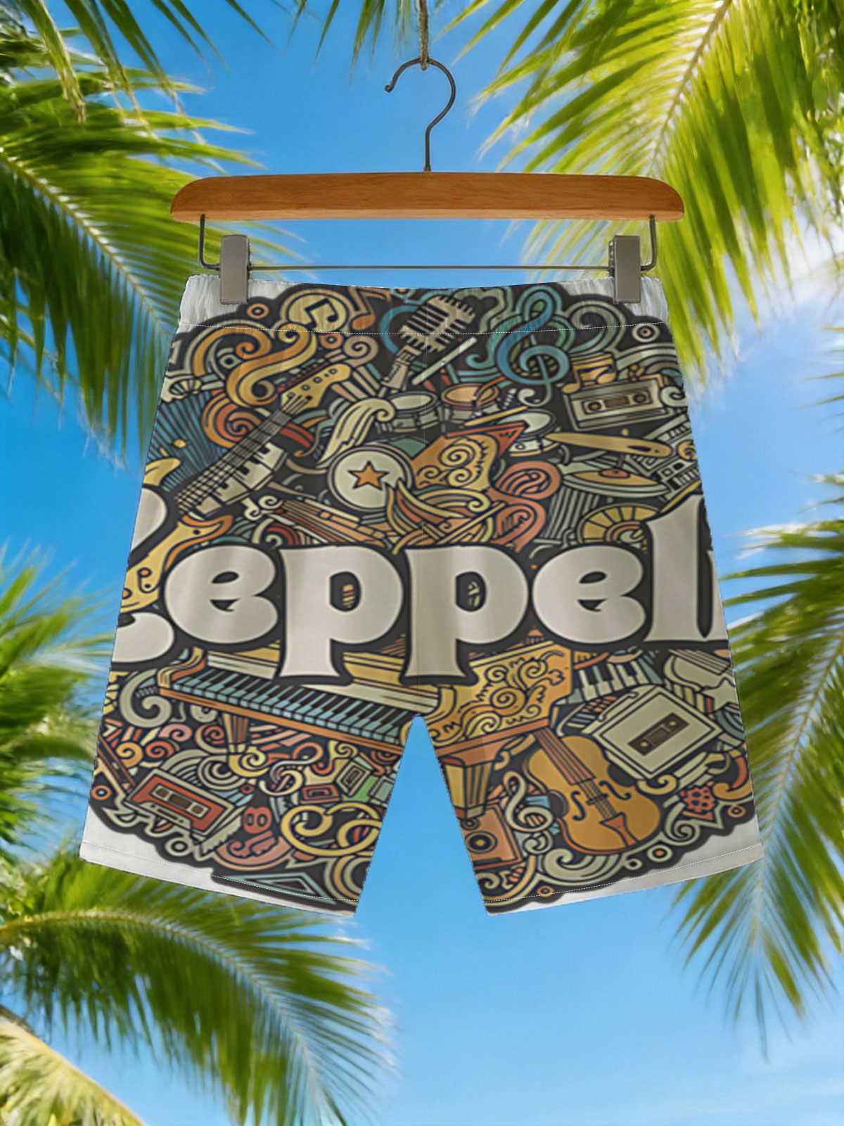 Led Zeppelin: Rock Icons and Musical Instruments Artwork -  Beach shorts