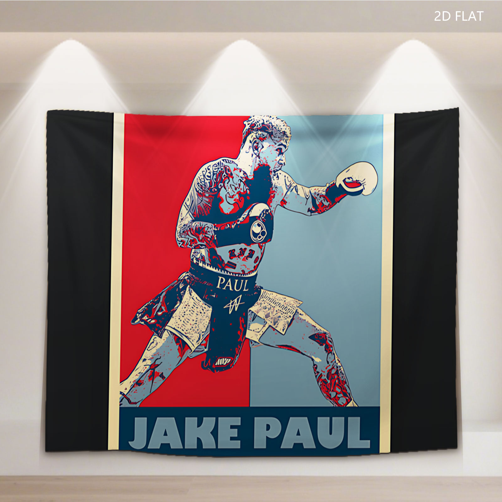 Jake Paul in Boxing Pose, Bold Red and Blue Background, Tattooed Fighter, 