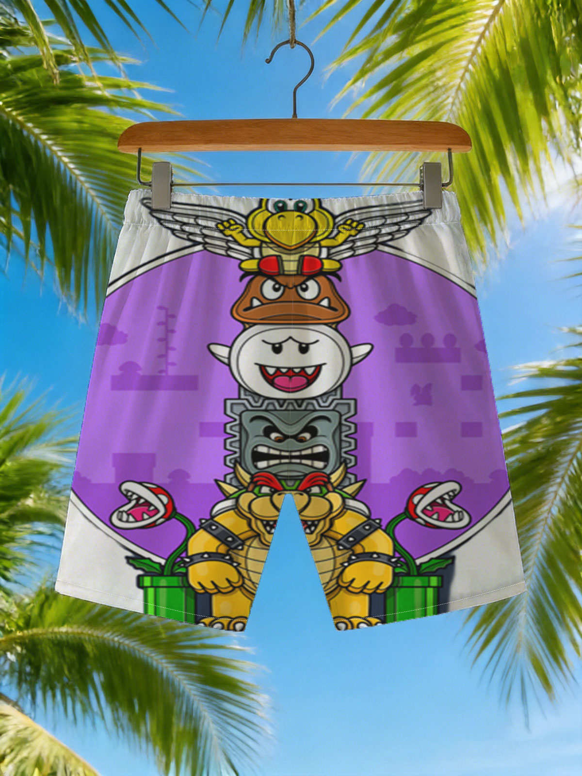 Bowser, Koopa Troopa, Dry Bones, and Winged Yoshi Stack in Super Mario Universe -  Beach shorts