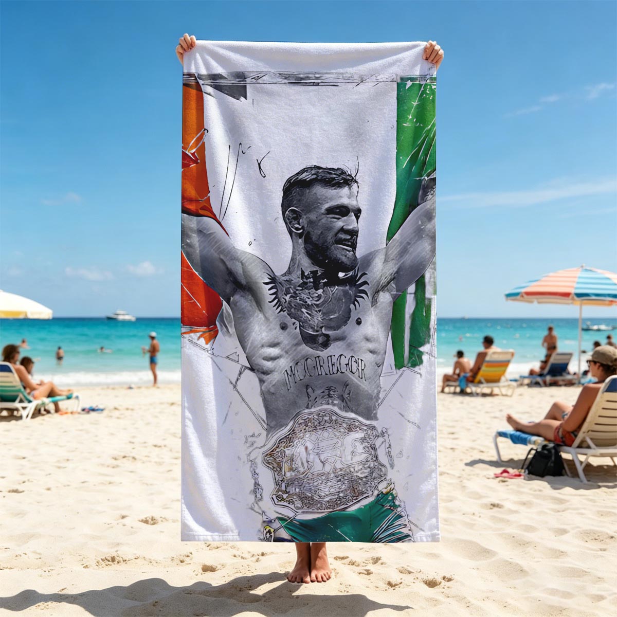 Conor McGregor Celebrates with Irish Flag and UFC Belt - Beach towels