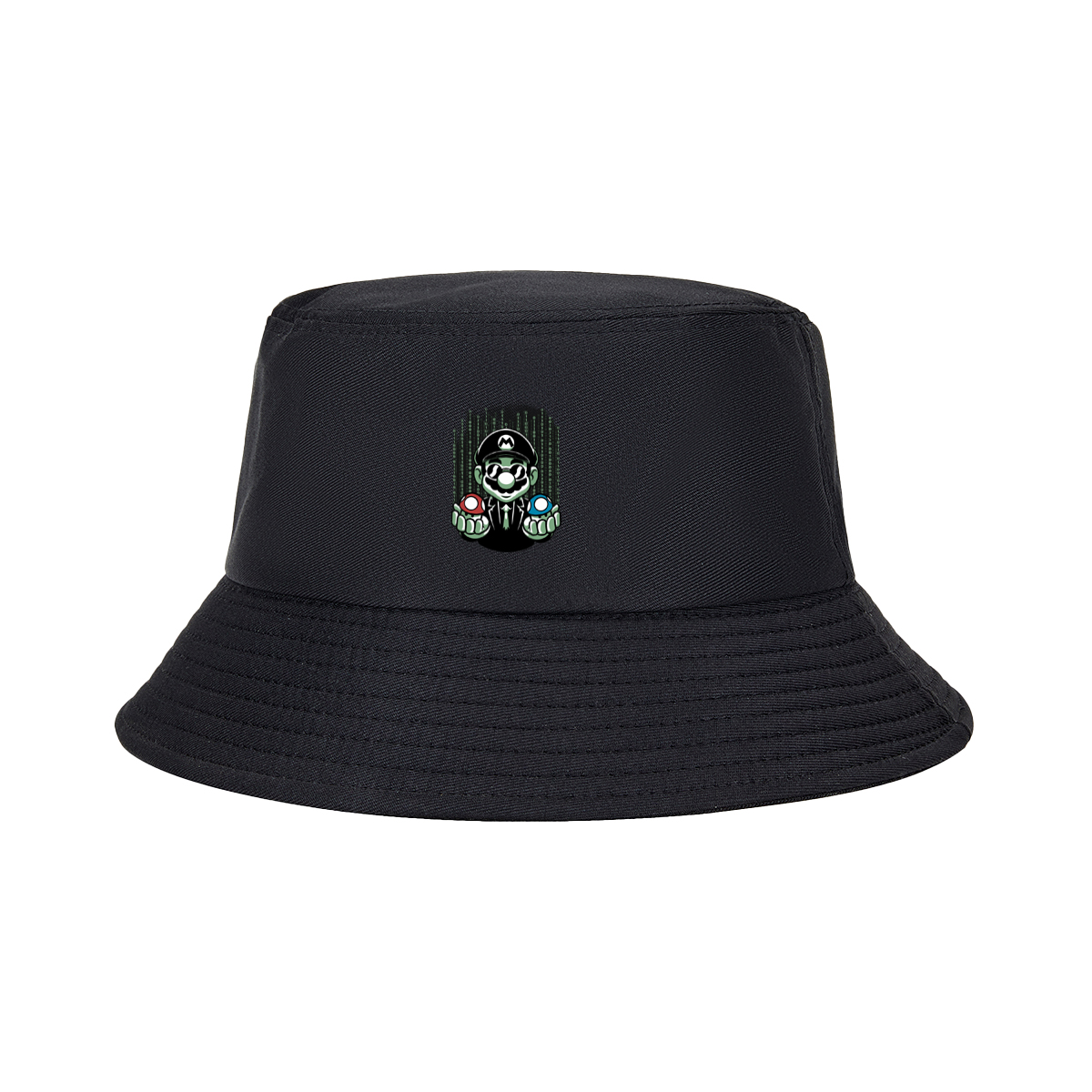 Mario in Matrix Code with Red and Blue Mushrooms - Fisherman's Hat