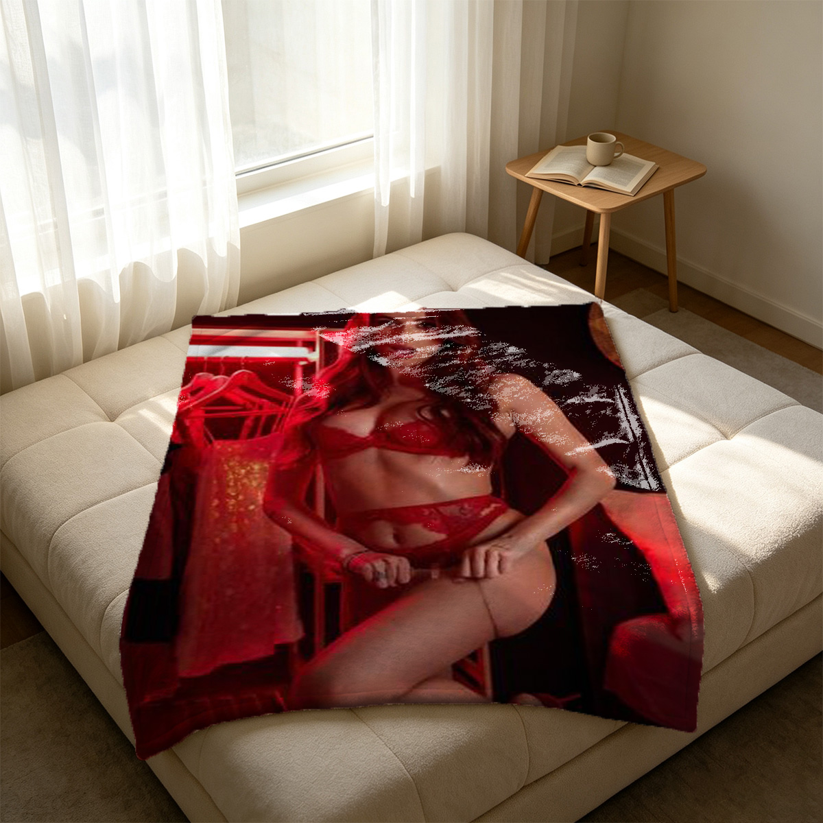 Red Dress Seduction - Chinese Beauty in Red Gloves and Stockings Kneeling on Table - Blanket