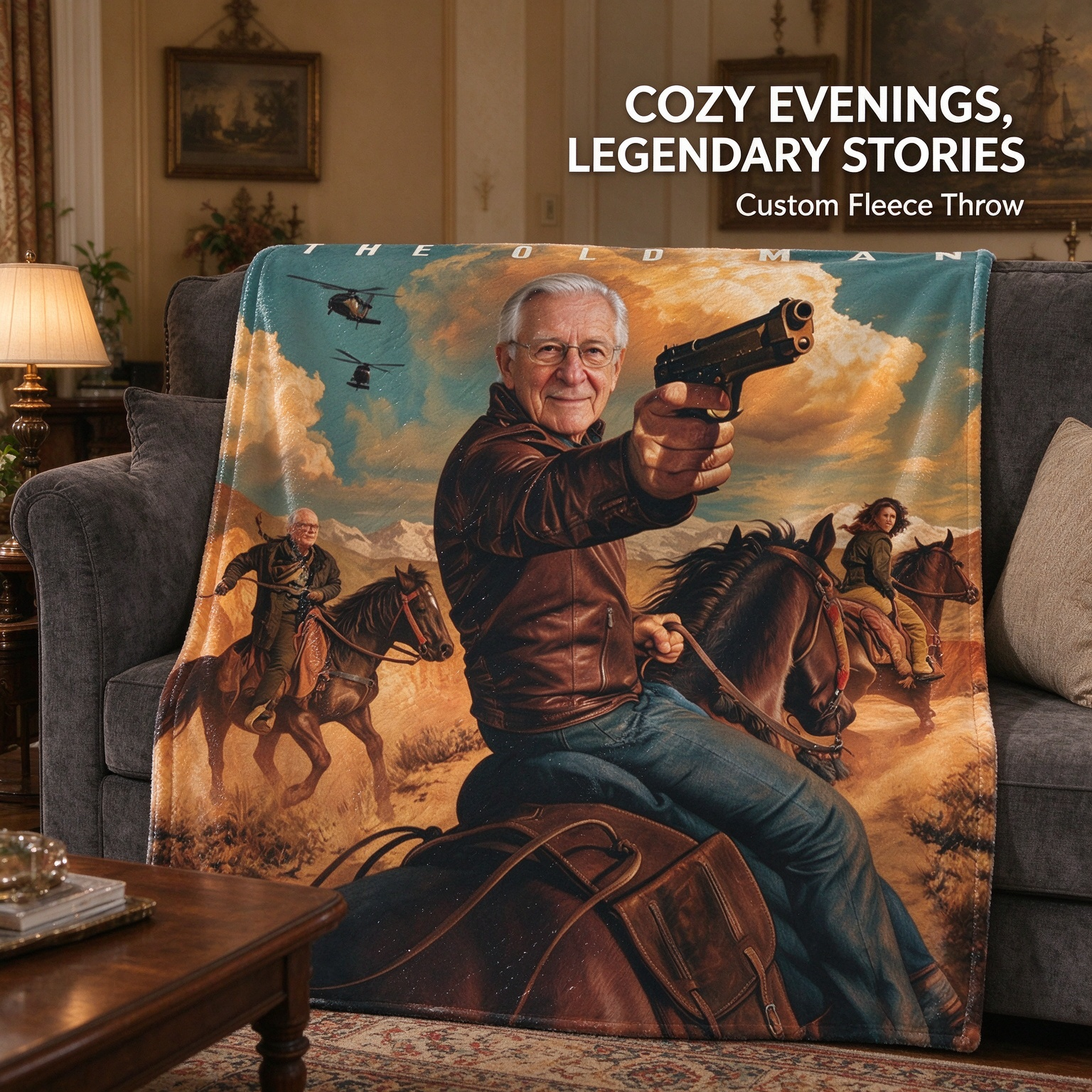 Custom Face Photo Flannel Throw Blanket Personalized Action Movie Poster Design Warm Soft Cozy Fleece Gift