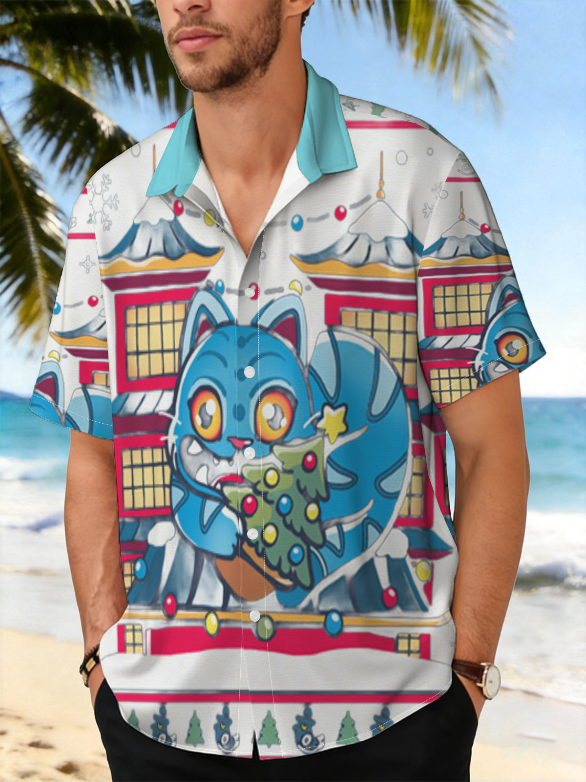Blue Cat with Christmas Tree in Front of Pagoda House -  Shirt