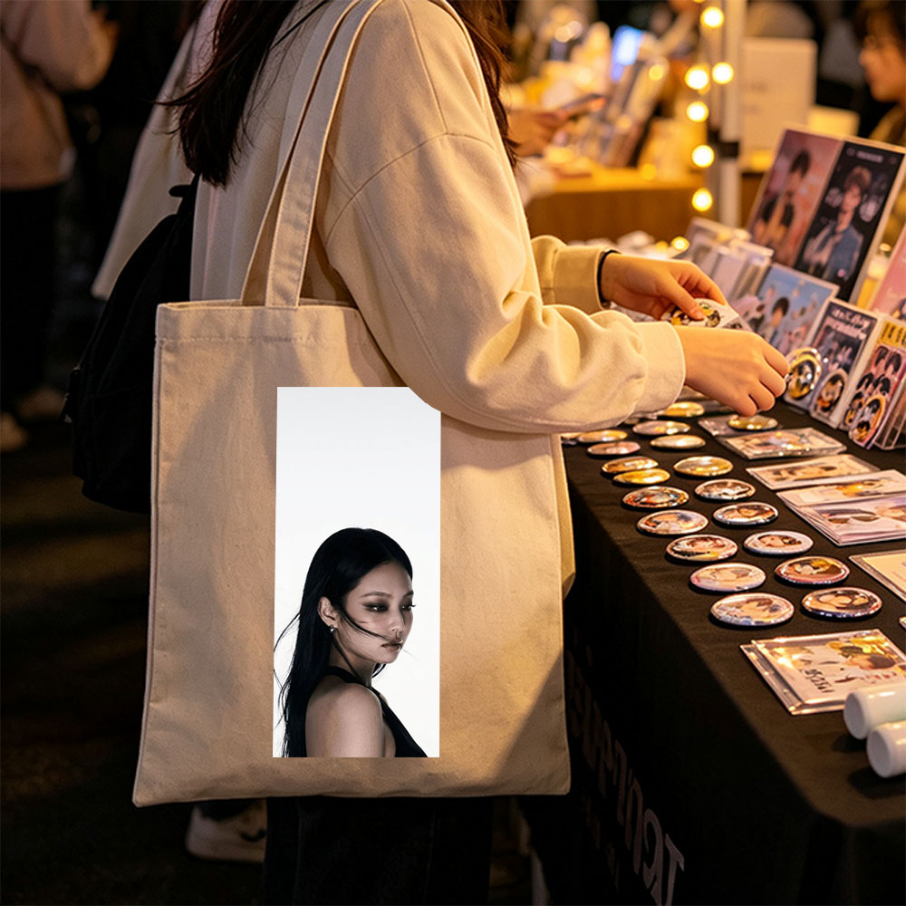 Jennie Blackpink Portrait Close-Up with Long Dark Hair and Elegant Makeup - Canvas tote bags