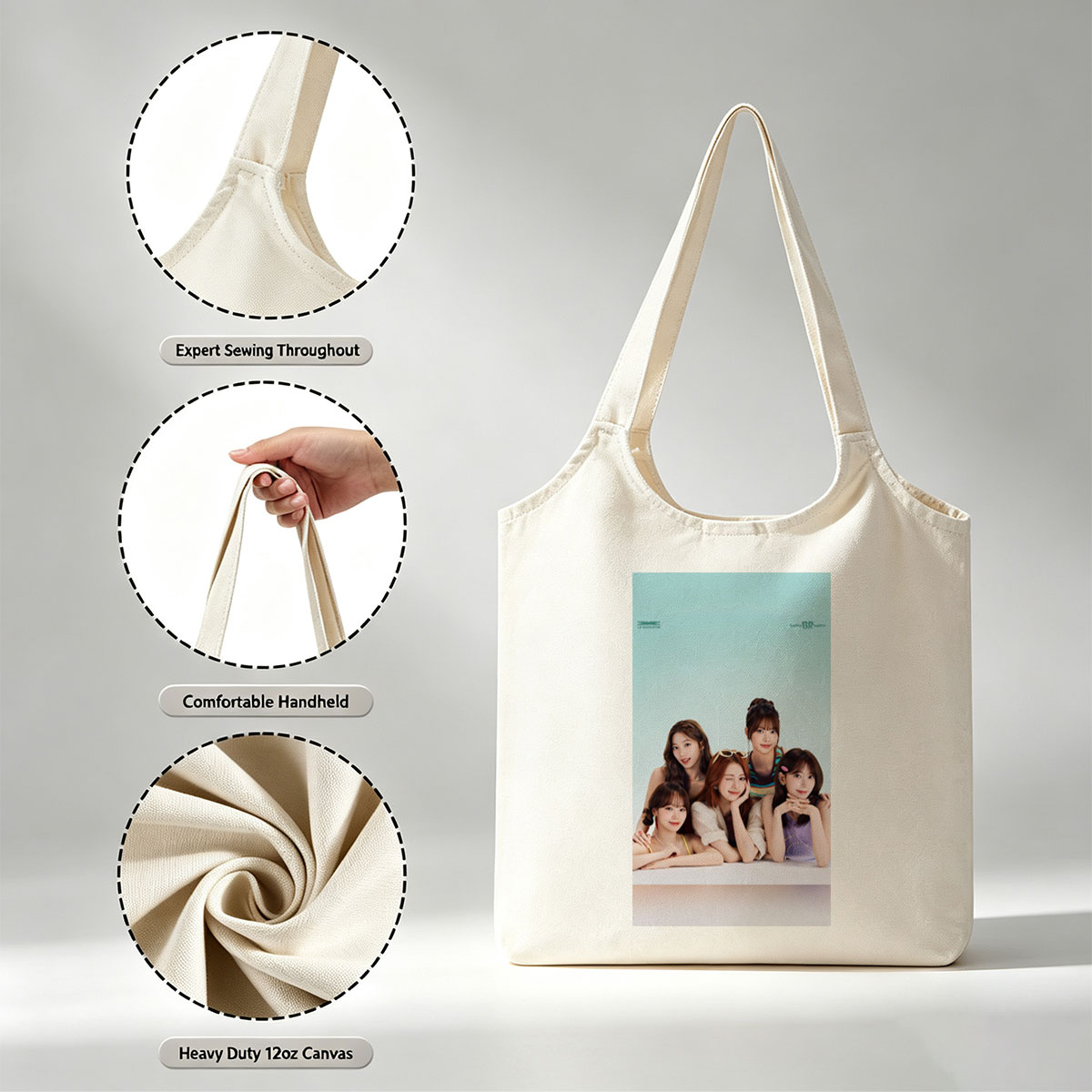 LE SSERAFIM Summer Beach Vibes Group Photo with Pastel Background and Stylish Outfits - Canvas shoulder bags/