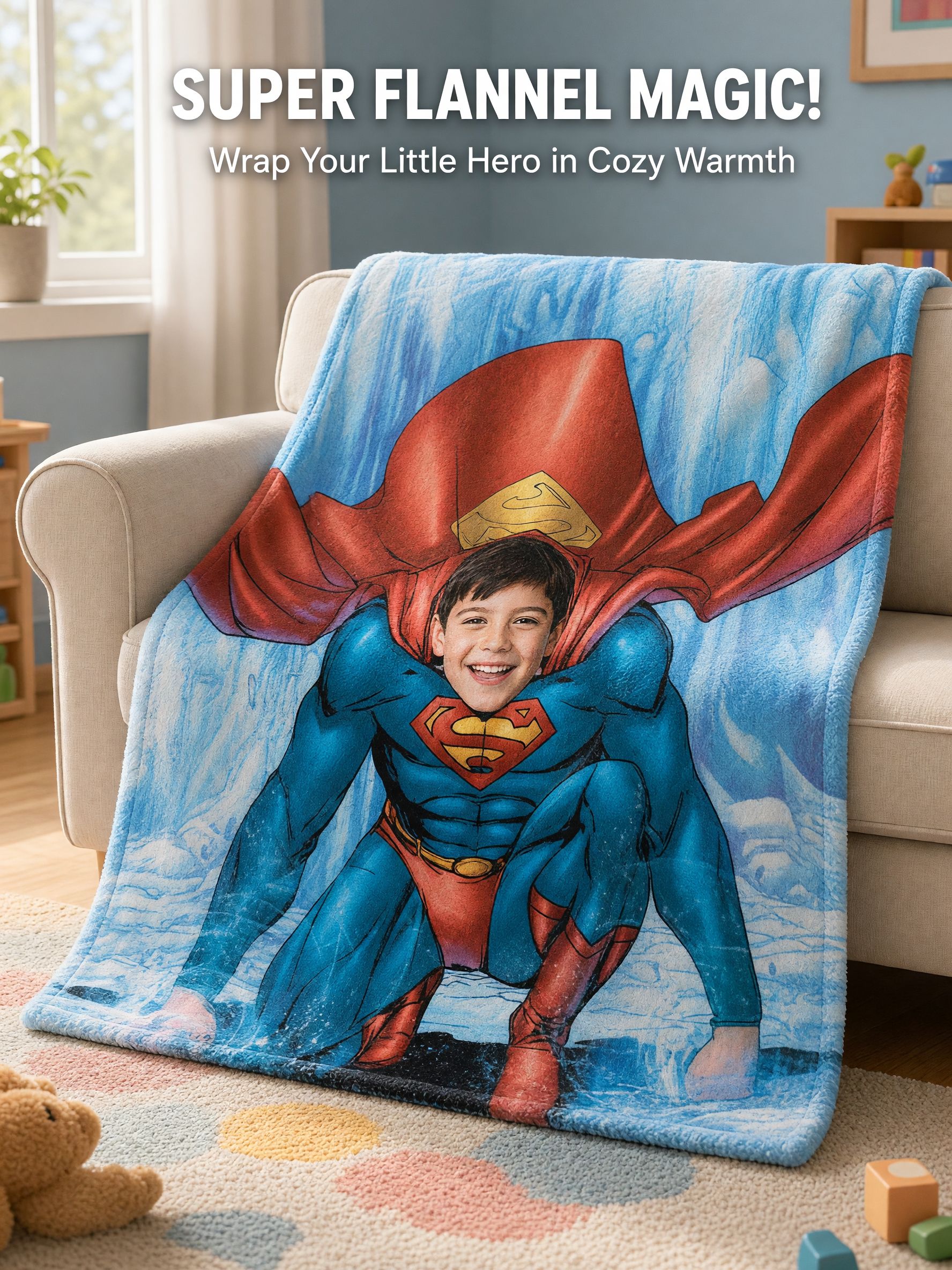 Custom Superhero Face Photo Blanket Ultra Soft Anti-Pilling Flannel Throw for Kids Adults Cozy Personalized Keepsake Gift