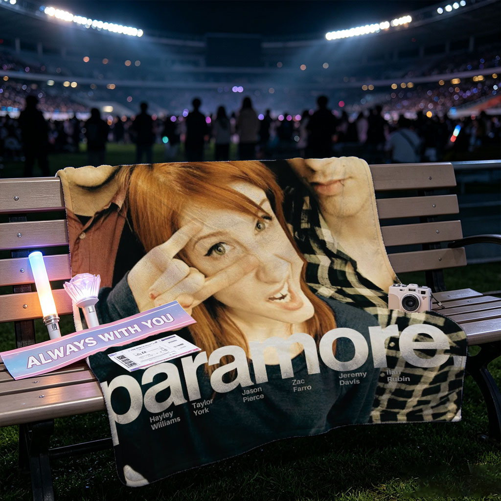 Paramore Band Members in Close-Up Group Photo with Hayley Williams Making a Peace Sign - Blankets