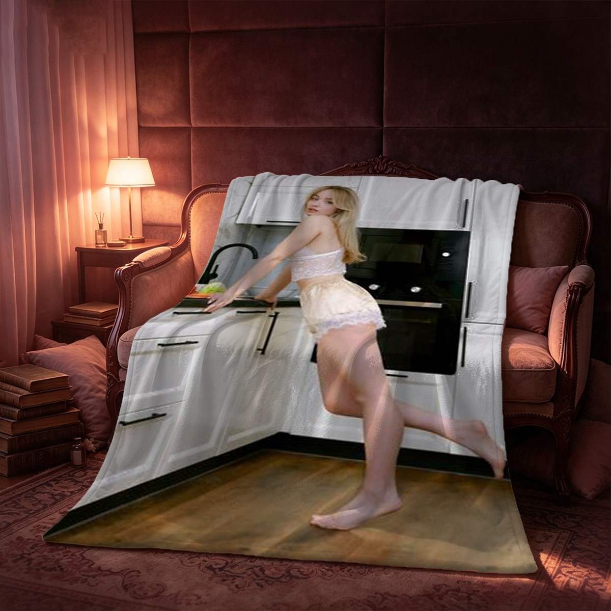Nude Japanese model in gold bikini bottom sitting on stool with fur coat. - Blanket