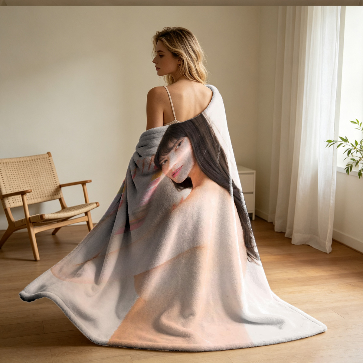 Nude Asian woman in open golden robe posing seductively against a wall - Blanket