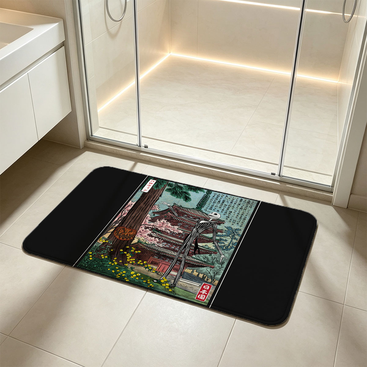 Jack Skellington in Japanese Garden with Pagoda and Pumpkin - Flannel floor mat