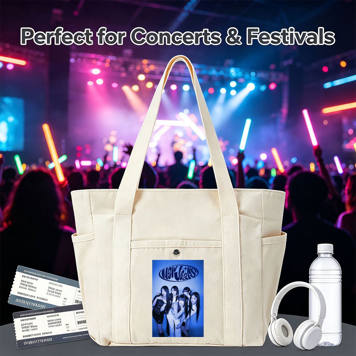 NewJeans Group Pose in Blue-Toned Studio Photo with Stylish Outfits and Confident Expressions - Multi-pocket bags