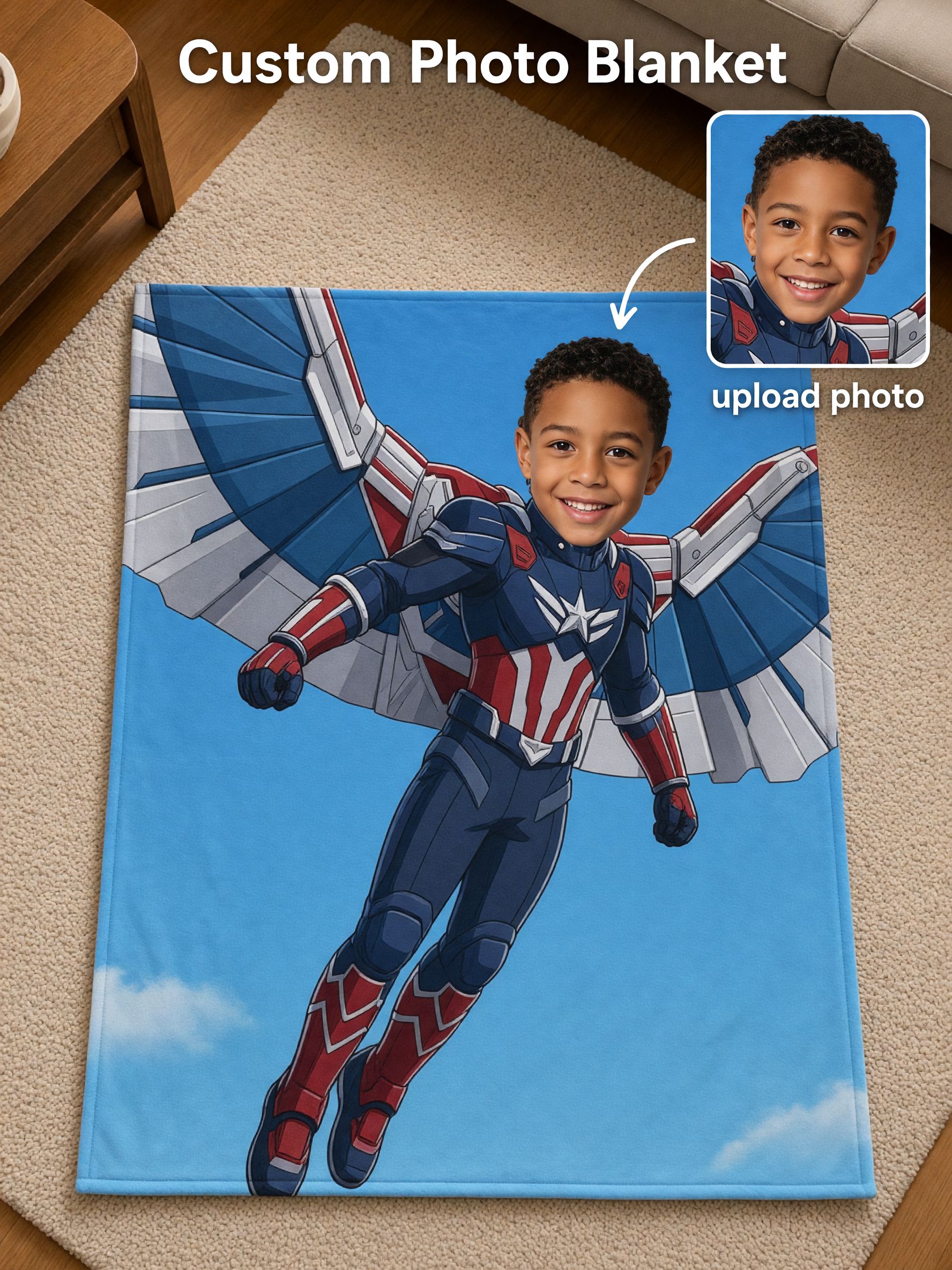 Custom Photo Superhero Flannel Fleece Blanket, Ultra Soft Flying Hero Throw, Personalized Gift for Kids and Family