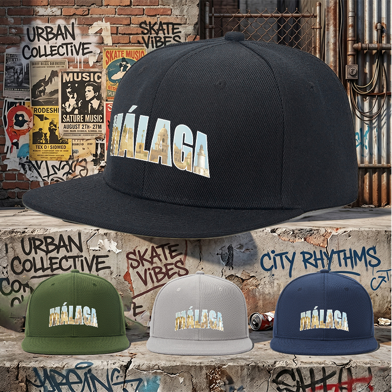 Flat Brim Baseball Cap Malaga Cityscape Print Streetwear Underground Skate Style for Basketball Court Urban Skate Park Hip Hop Artists and Streetwear Enthusiasts